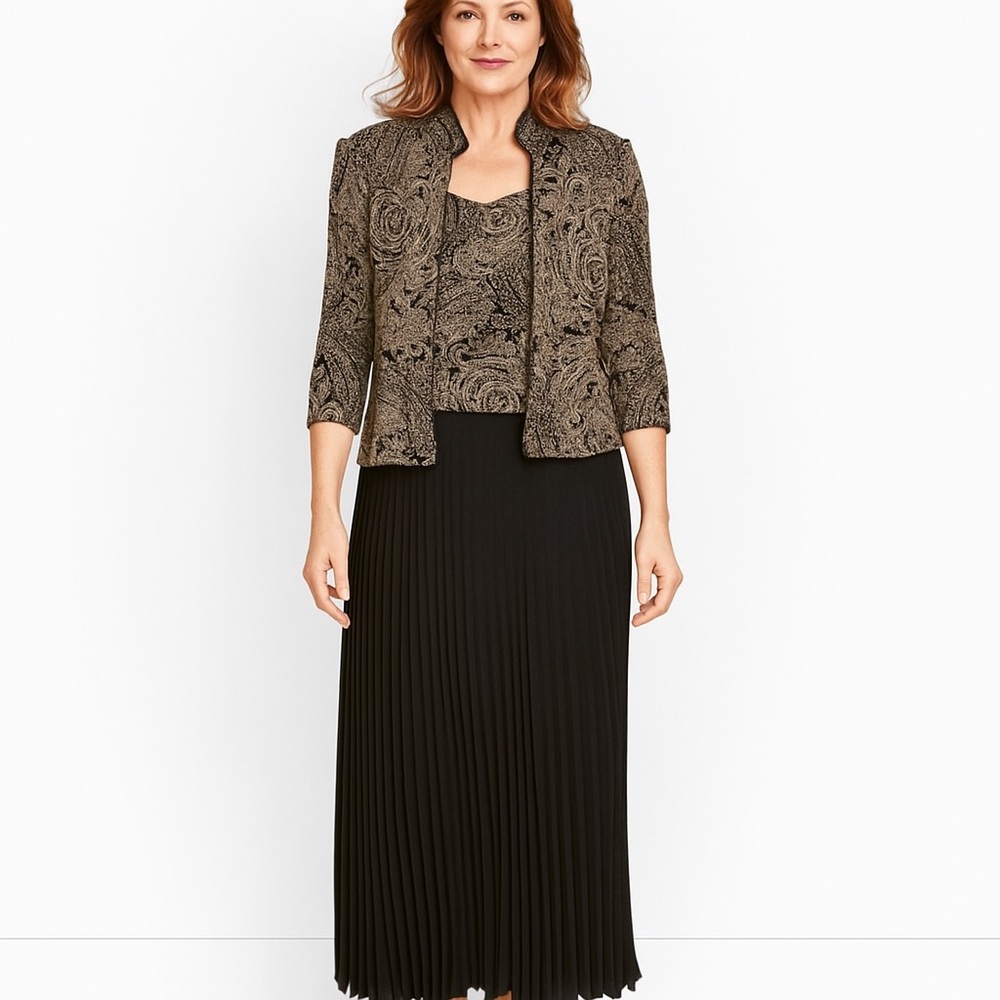 Alex Evenings Dress‎ and Blazer Women's Size 6 Maxi Pleats Sparkle Gold Black